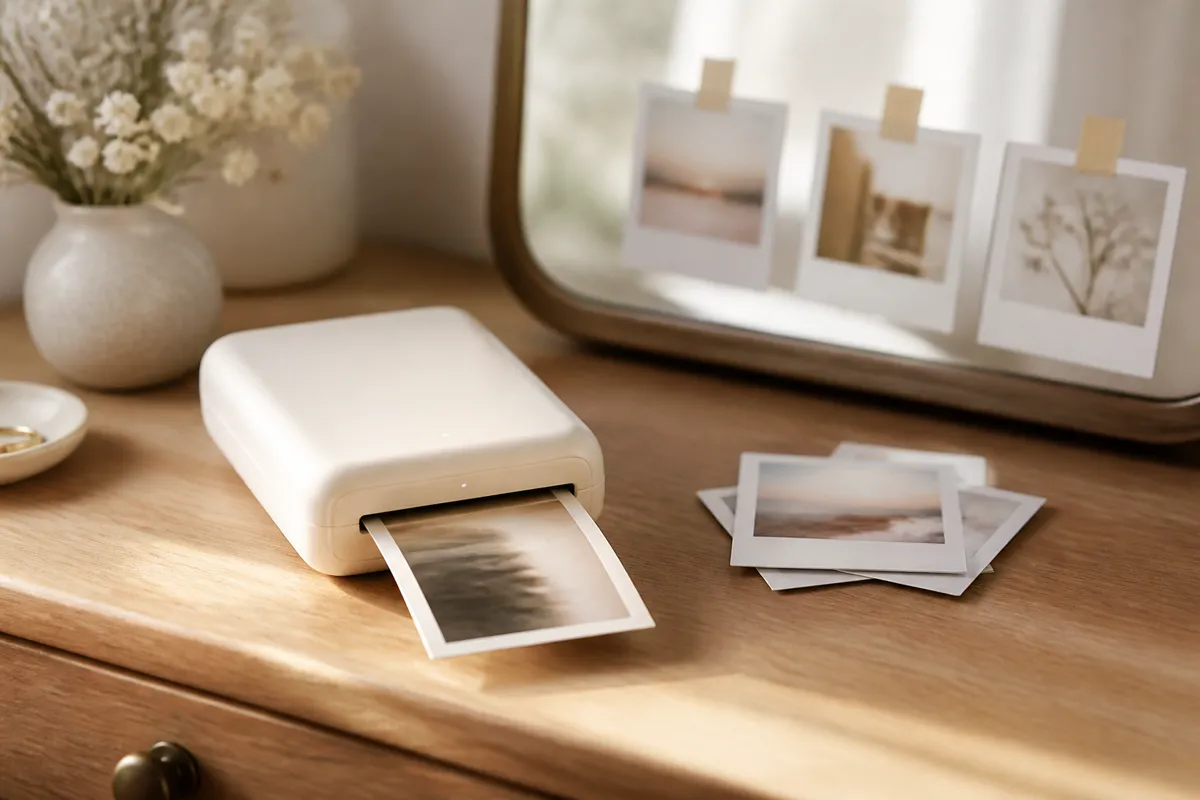 A palm-sized photo printer on a desk with a small snapshot emerging, a few printed photos taped to a mirror edge softly out of focus