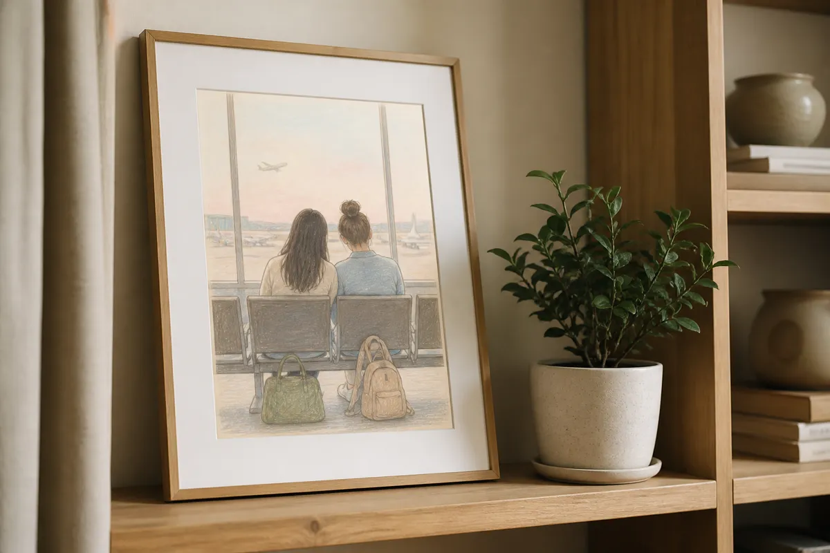 A framed pastel illustration of two figures seen from behind on an airport bench, propped on a bookshelf beside a small plant