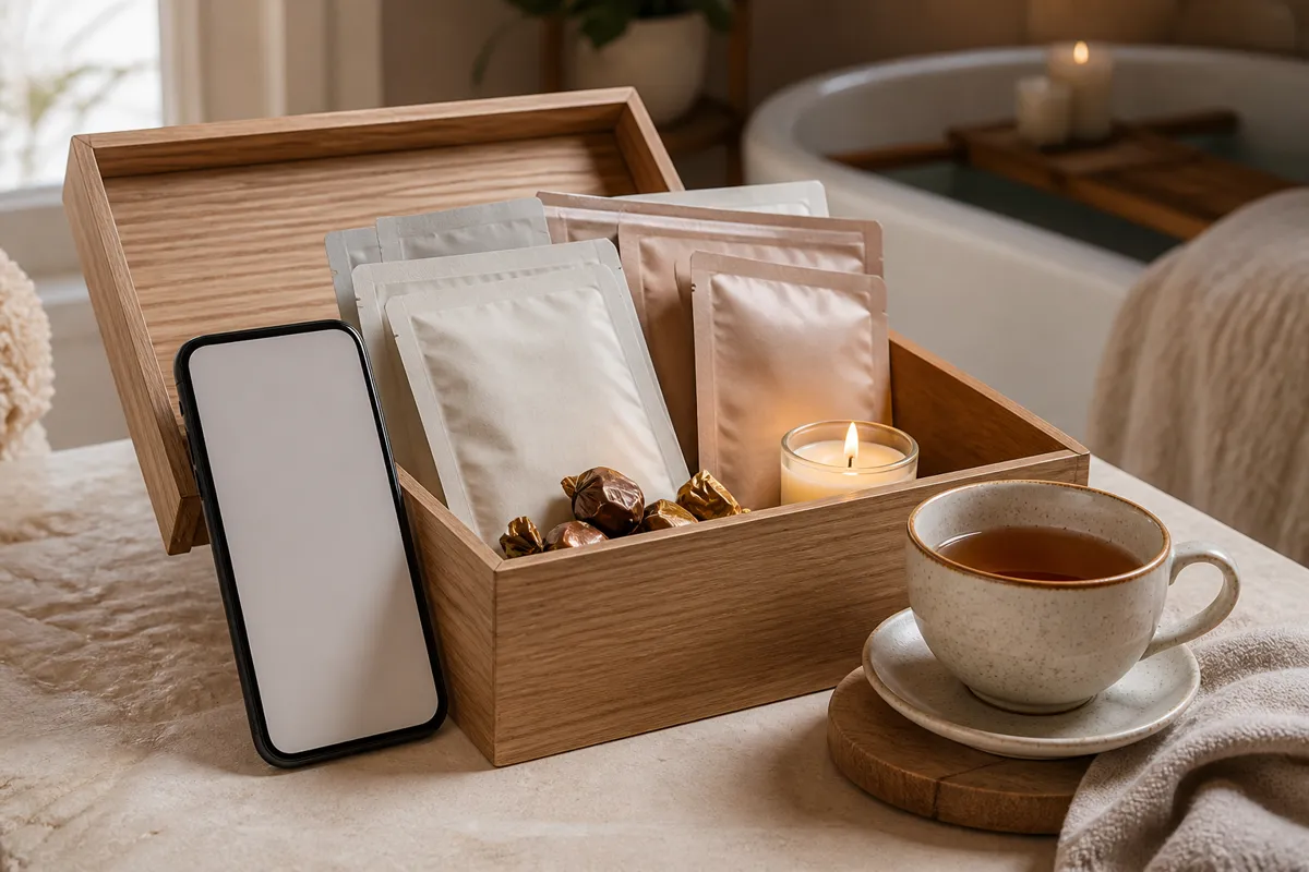A wooden box holding face mask sachets, a lit candle, tea and wrapped chocolate, a phone propped against it
