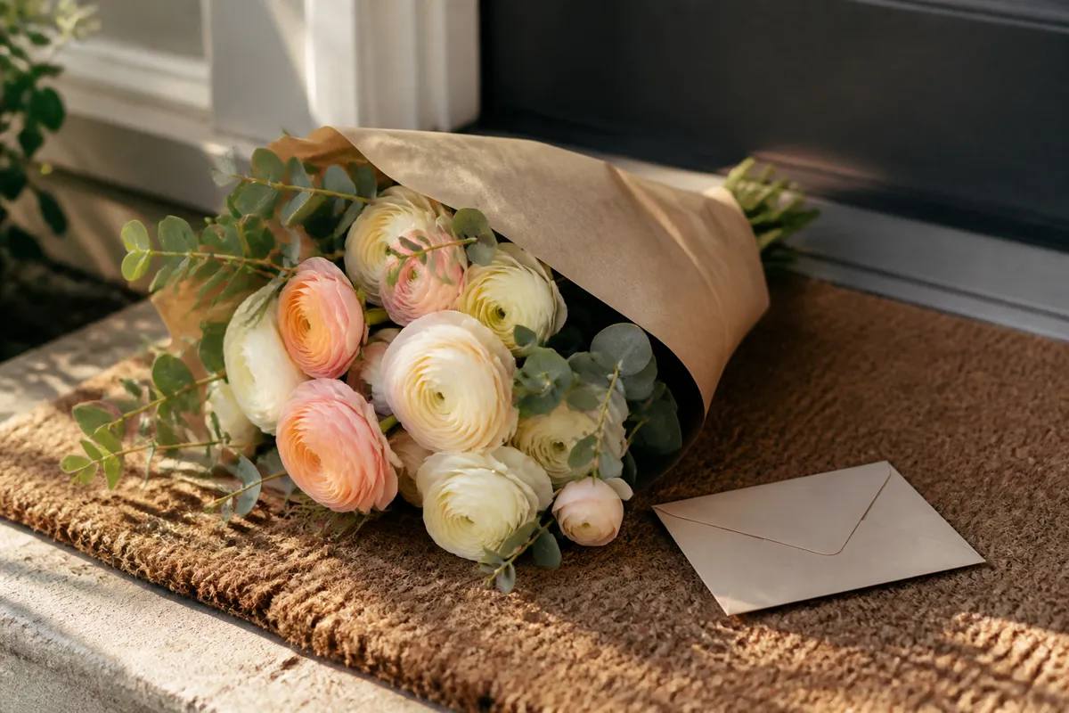 A paper-wrapped bouquet of ranunculus and eucalyptus lying on a doorstep mat beside a small card envelope