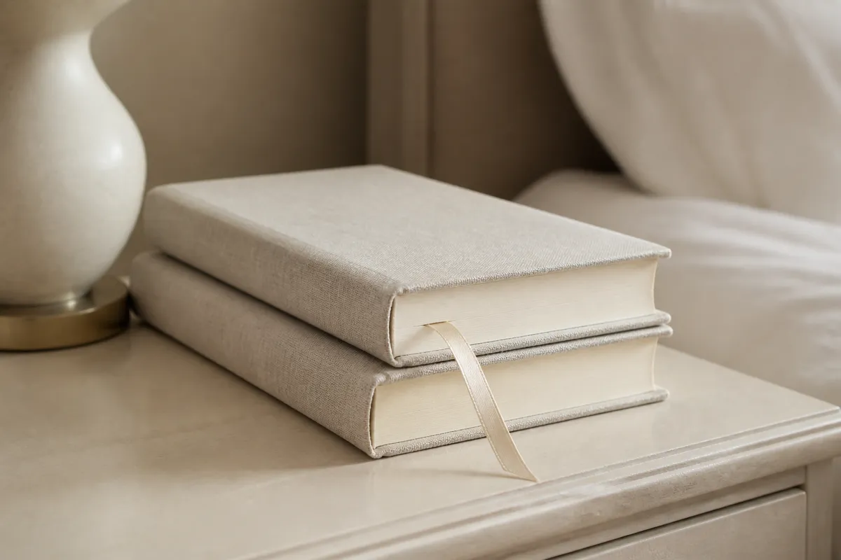 Two identical cloth-bound books stacked slightly offset on a bedside table, their titles at an angle and softly out of focus, a ribbon bookm