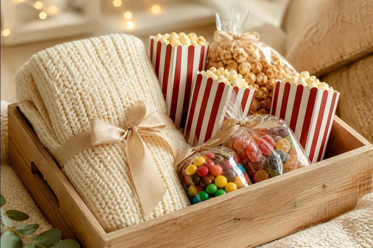 A folded knit blanket, striped popcorn boxes and plain-wrapped theater candy arranged in an open crate, fairy lights softly out of focus beh