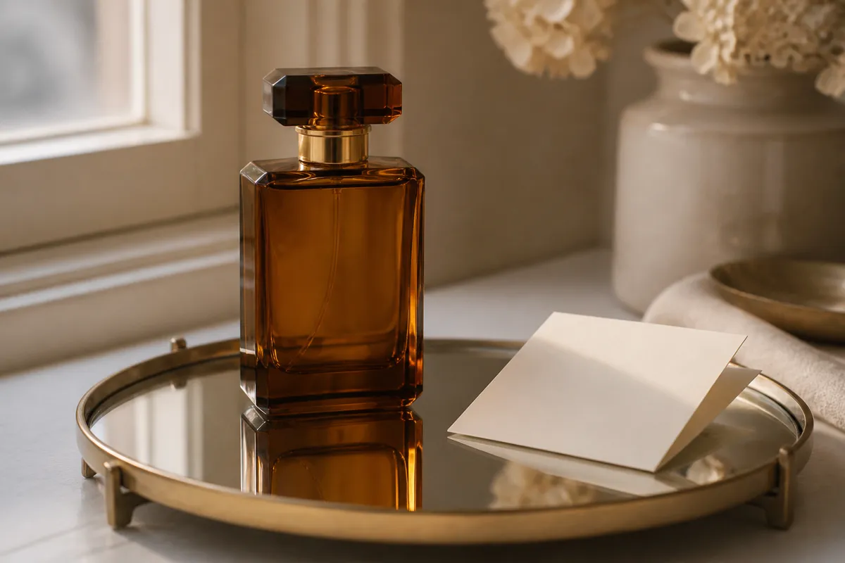 An amber glass perfume bottle standing on a mirrored vanity tray beside a folded note out of focus