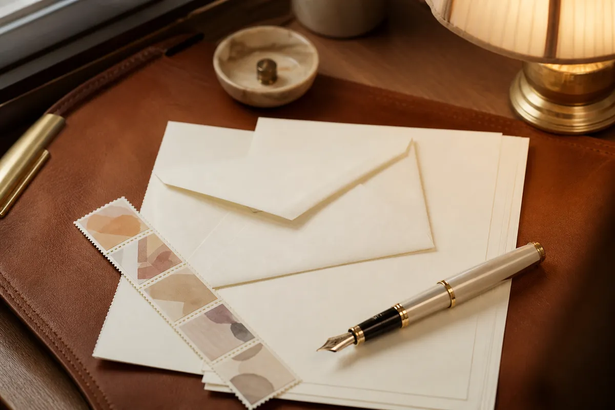 Cream stationery, envelopes, a fountain pen and a strip of postage stamps arranged on a leather desk pad
