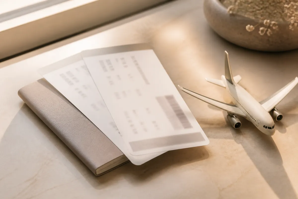 Two paper boarding passes fanned at an angle with the print softly out of focus on top of a passport, a small model airplane beside them, da