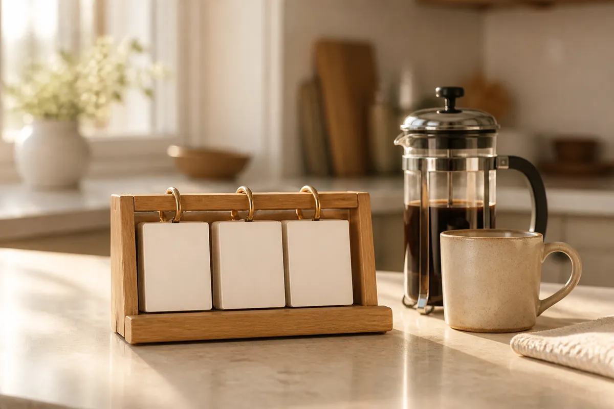 A small wooden flip-block countdown calendar on a kitchen counter beside a French press and a ceramic mug