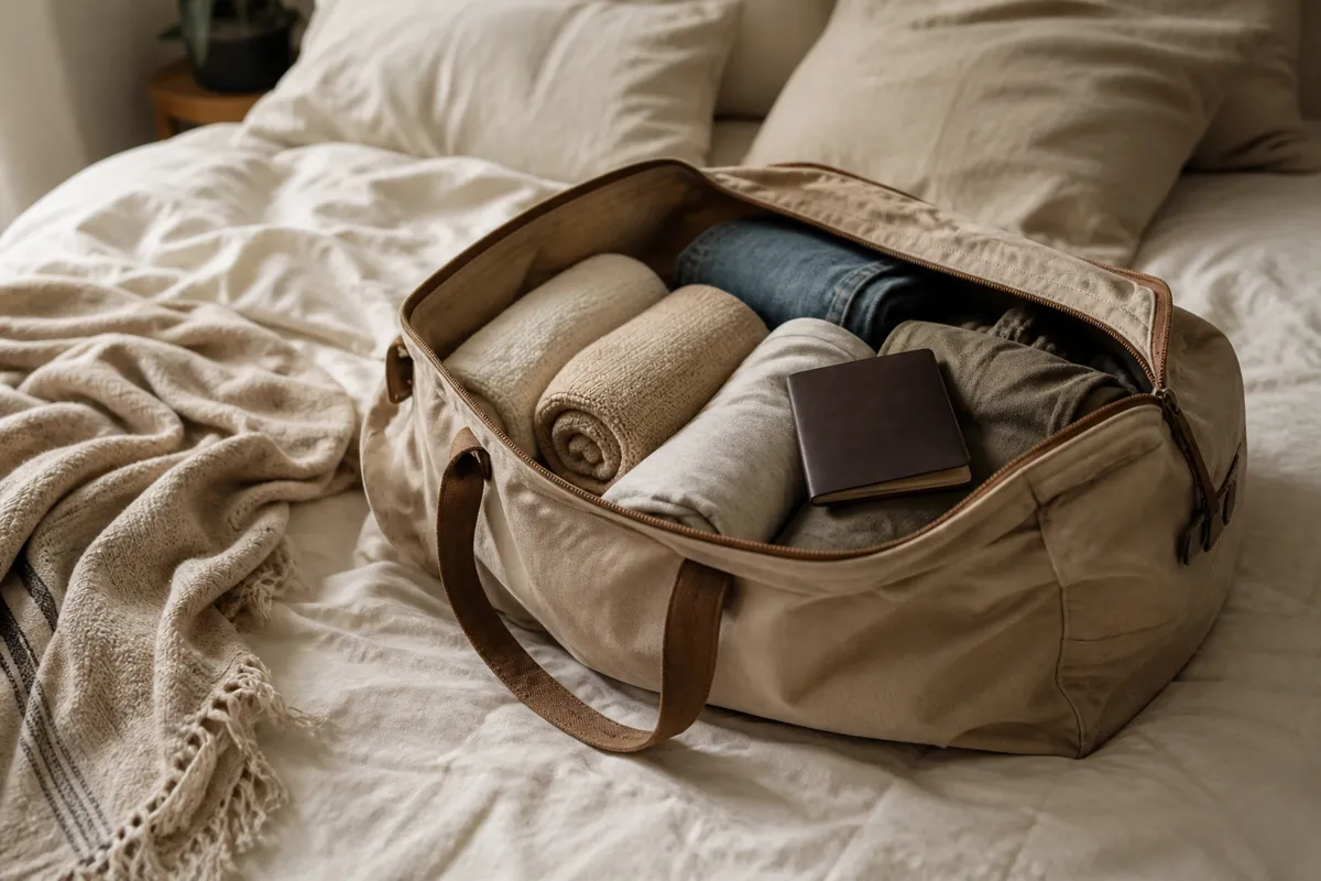 An open canvas weekender bag half packed with rolled clothes on a bed, a passport resting on top