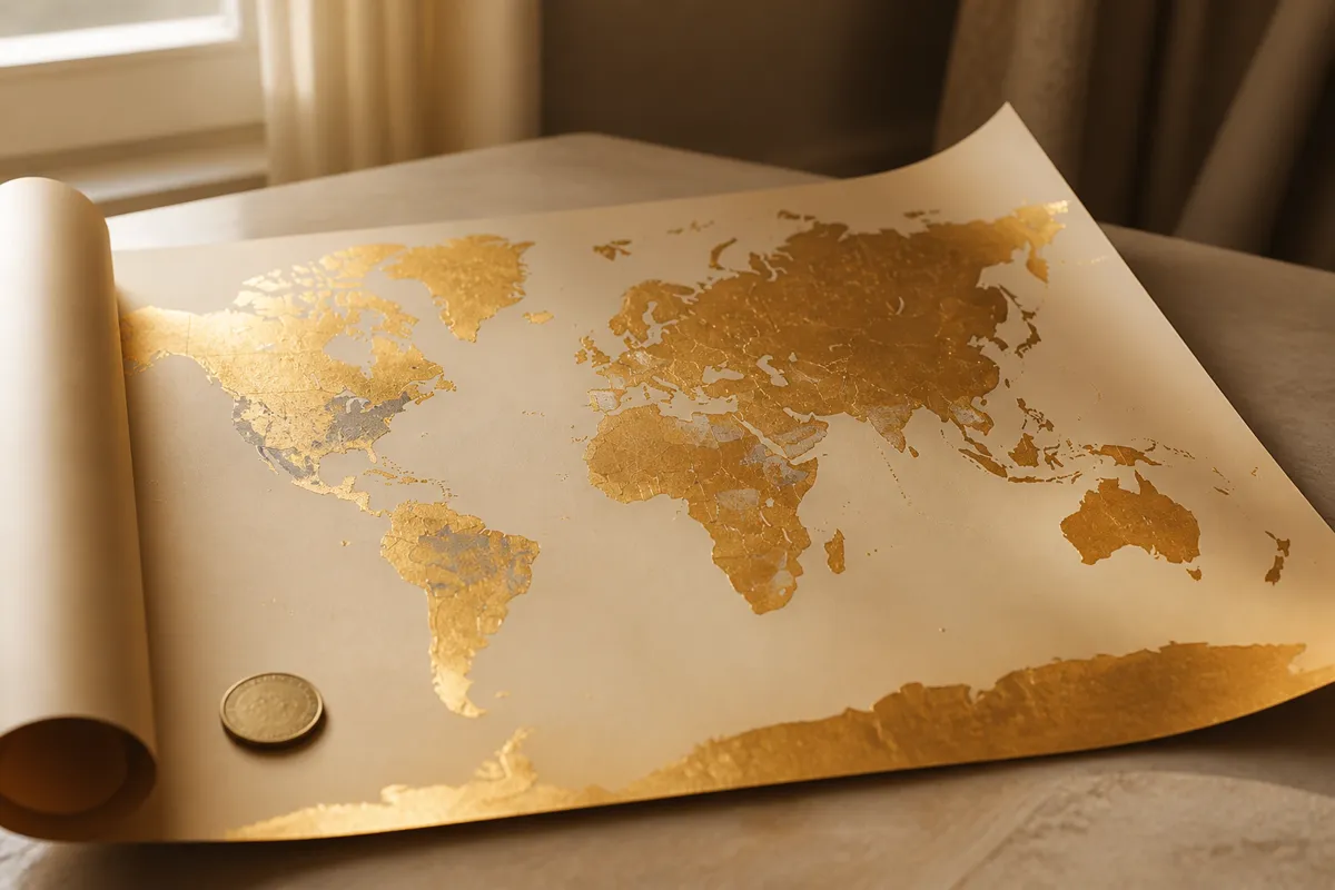 A gold-foil scratch world map rolled open on a table with a coin resting on one corner, patches gently scratched away