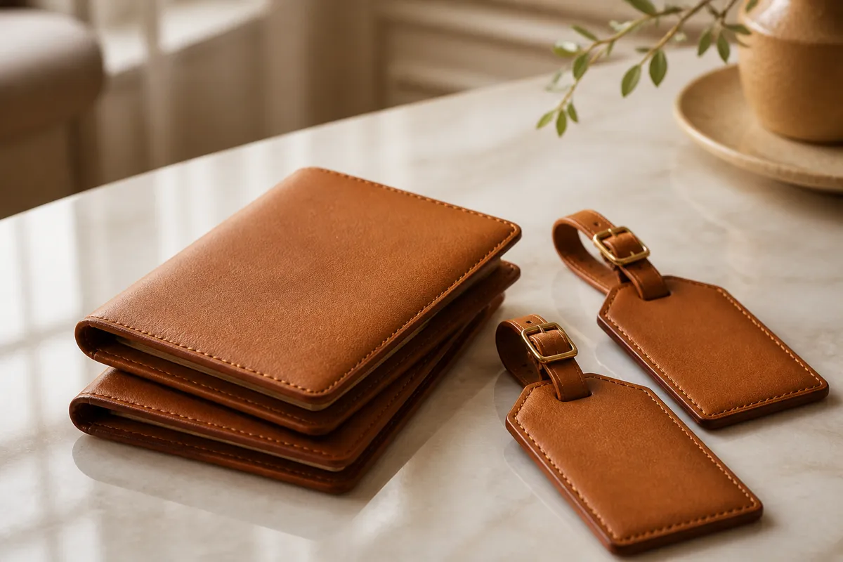 Two matching tan leather passport covers stacked on a marble counter beside a pair of leather luggage tags, daylight