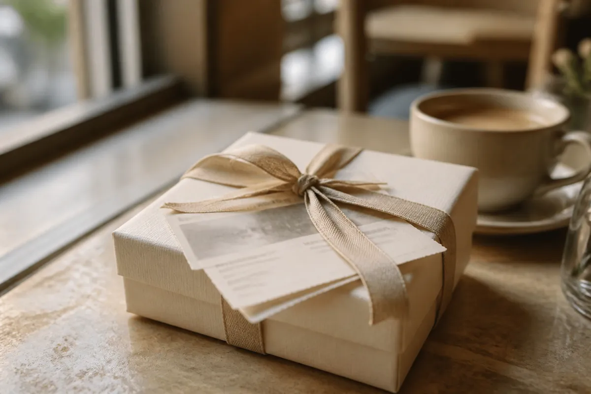 Two event tickets tucked under the ribbon of a small wrapped box on a cafe table, their print softly out of focus, afternoon light