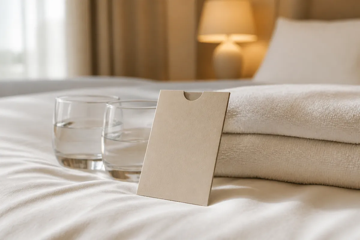 A hotel key card sleeve resting on crisp white bedding beside a folded towel and two water glasses