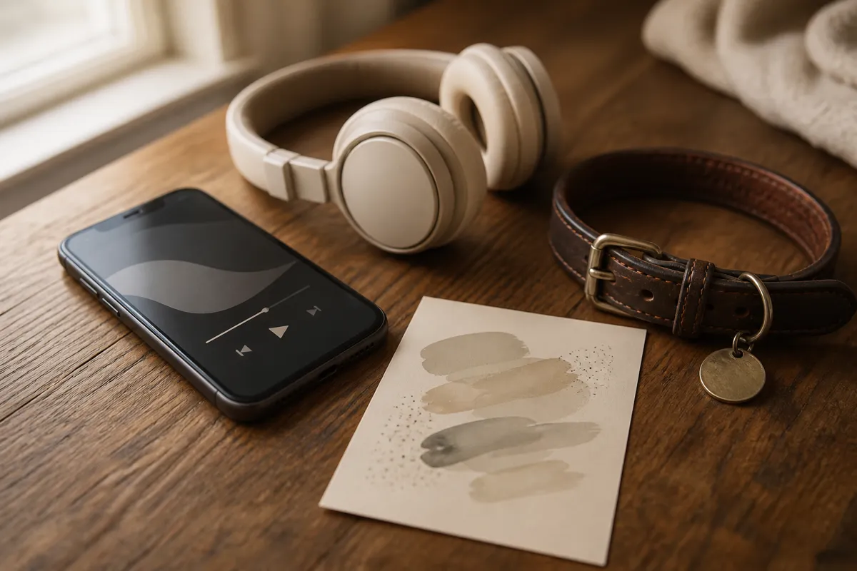 A smartphone softly playing music on a wooden table beside a printed cream song card and small headphones, a worn leather dog collar with a 