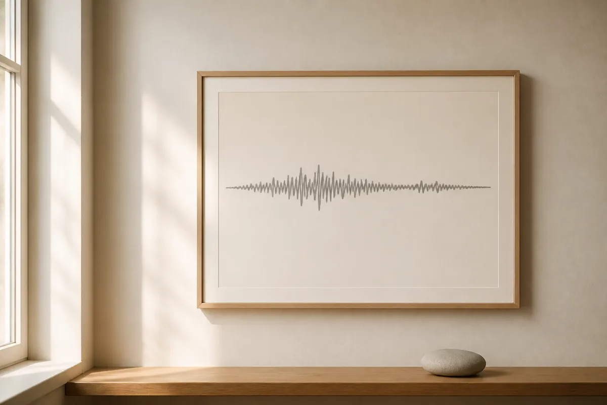 A framed print of a single soft grey waveform line hanging on a quiet wall above a shelf with a smooth pebble, gentle daylight