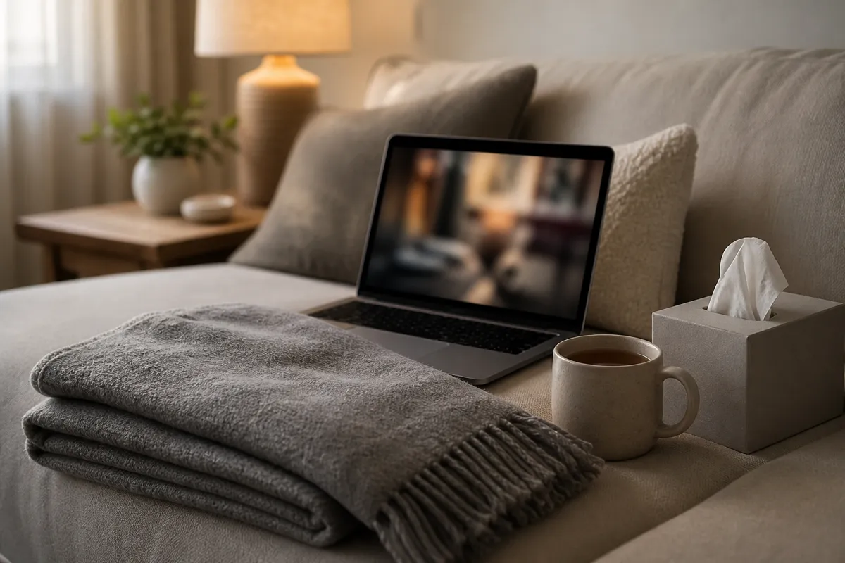 A folded grey blanket on a couch beside a laptop showing a paused