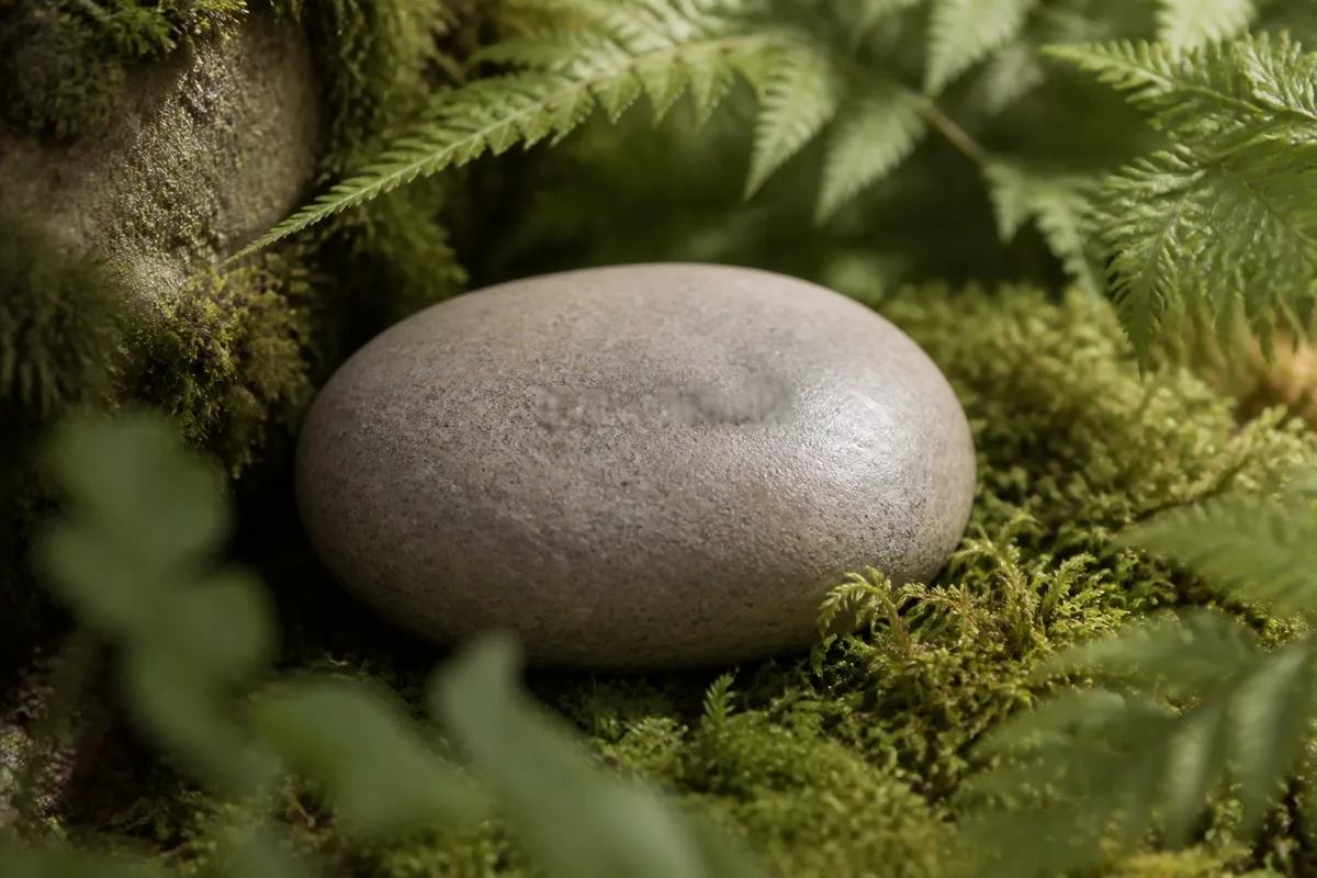 A smooth river stone with a small engraved name softly out of focus, resting among moss and ferns in a shaded garden corner, quiet light