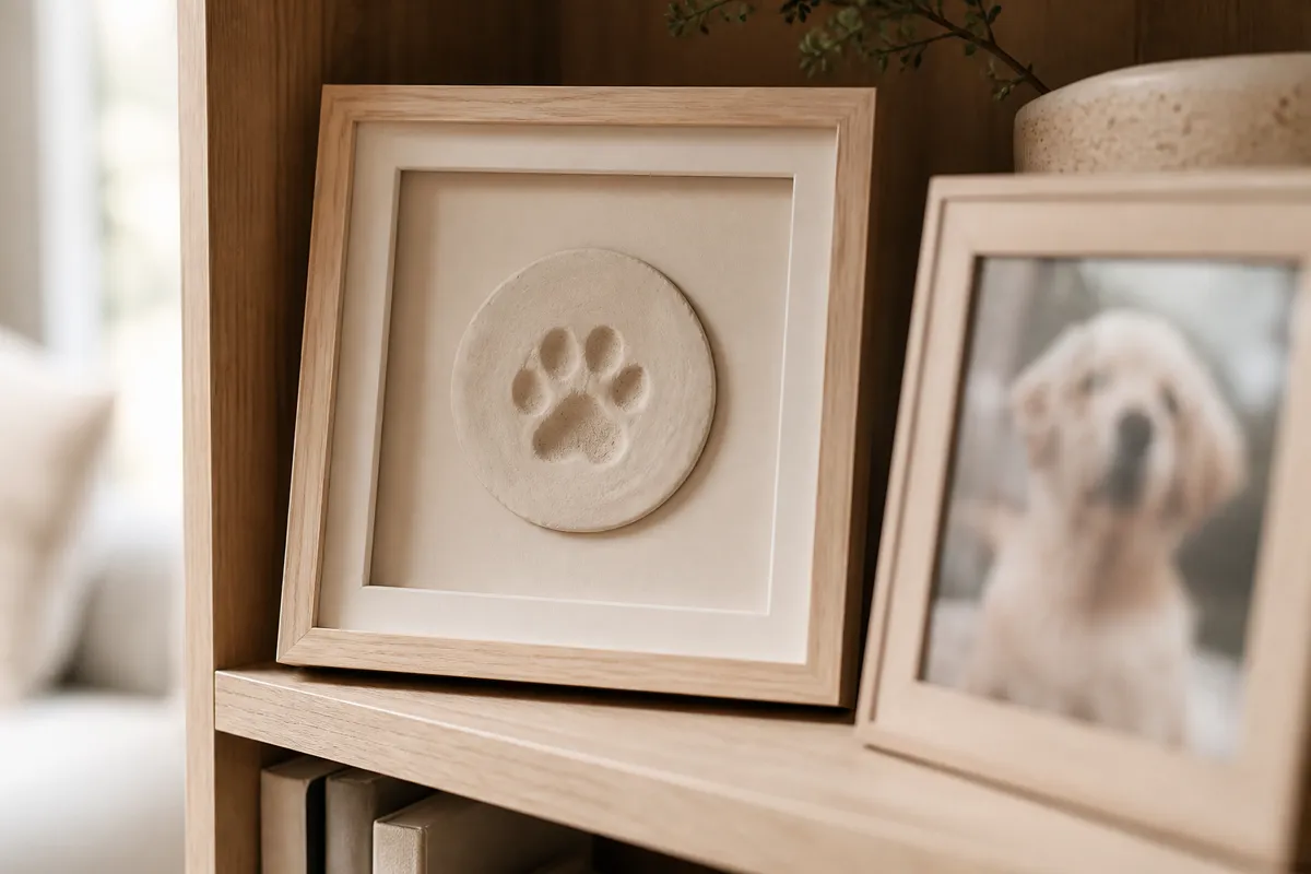 A round clay paw print in a simple double frame beside a softly blurred pet photo, standing on a bookshelf
