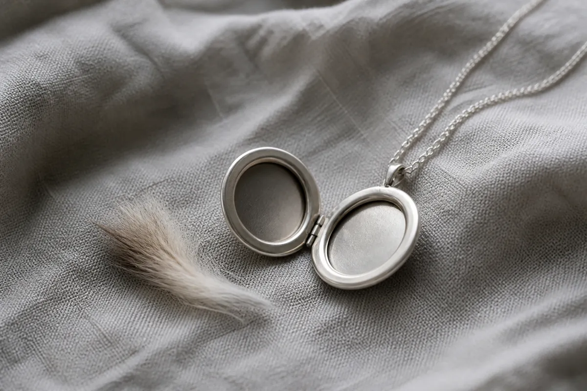 A small silver locket on a fine chain lying open on soft grey linen, a tiny tuft of fur beside it, gentle window light