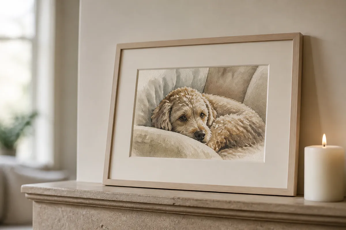 A framed watercolor portrait of a dog curled on a couch cushion, propped on a mantel beside a single white candle