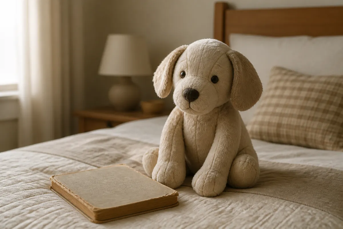 A soft custom plush dog with folded ears sitting on a neatly made child's bed beside a worn picture book, quiet afternoon light