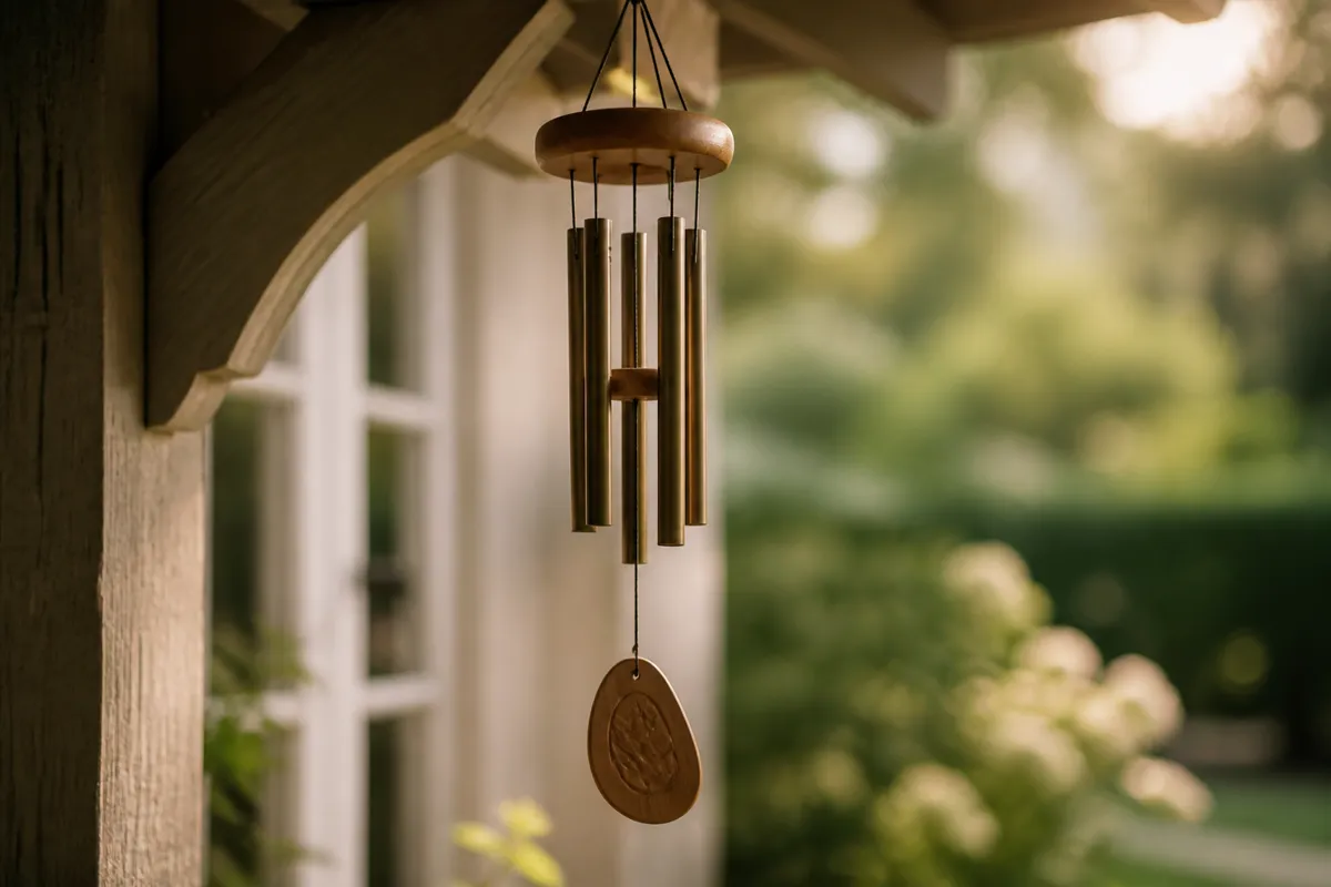 A wooden and metal wind chime hanging from a porch beam, its engraved sail turned at an angle and softly out of focus, garden blurred beyond