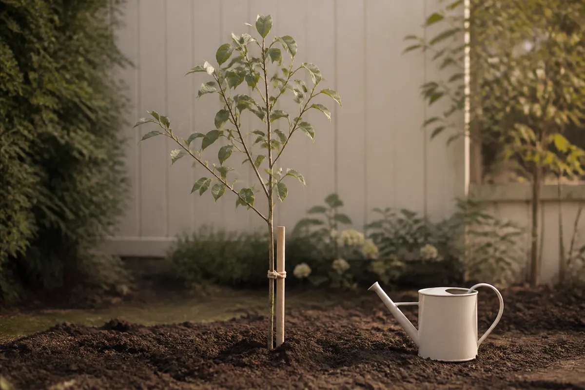 A young sapling with a support stake in fresh-turned earth in a backyard corner, a watering can resting nearby, gentle overcast light