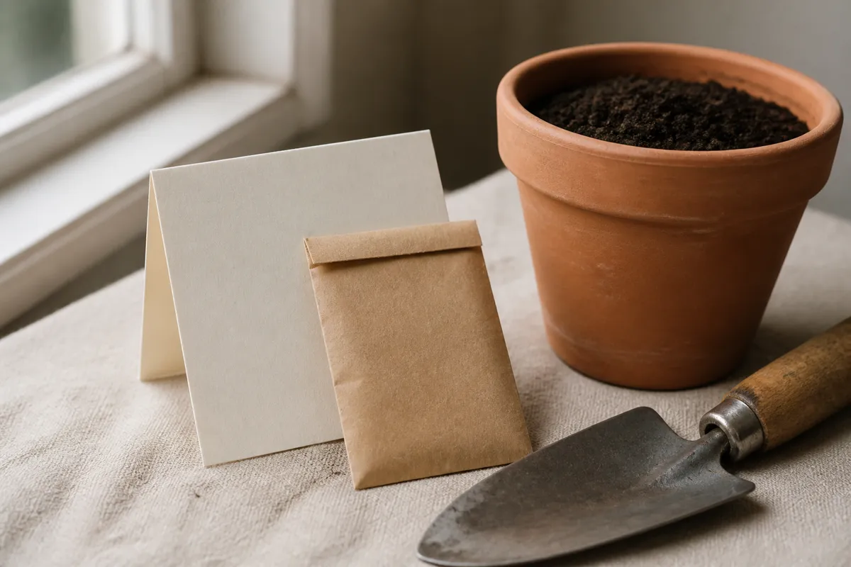 A small kraft seed packet resting on a folded cream card beside a trowel and a terracotta pot of soil