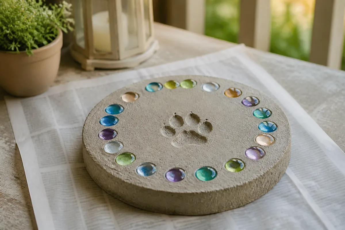 A garden stepping stone with pressed glass gems and a small handprint, drying on newspaper on a porch table