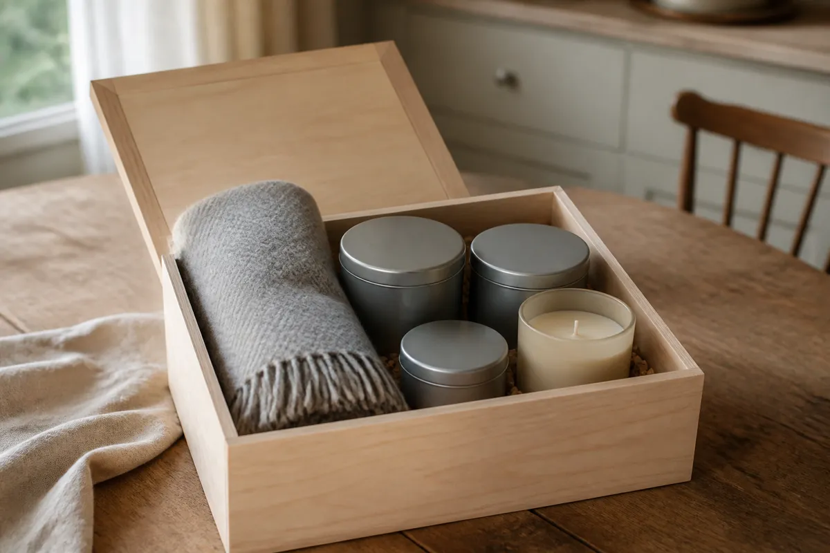 A simple wooden box holding tea tins, a candle and a folded grey blanket, no imagery on any item, on a kitchen table in muted light