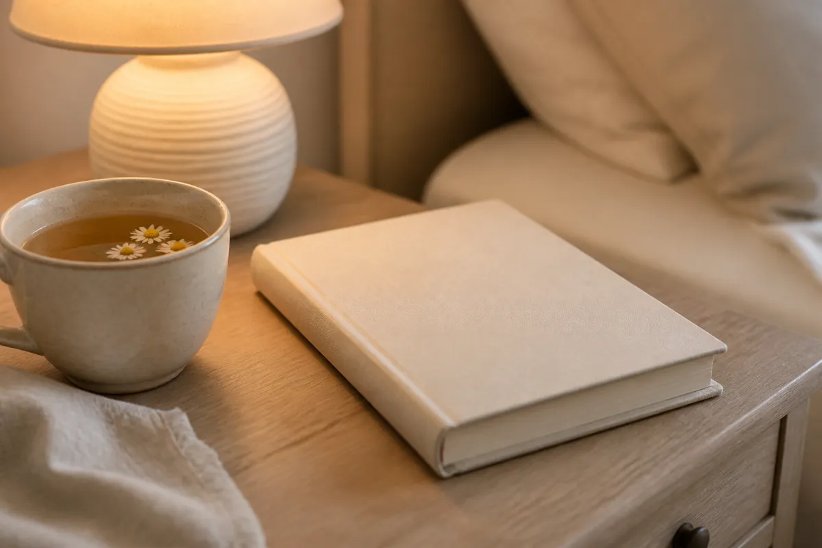 A small hardcover book lying on a nightstand beside a cup of chamomile tea and a dimmed lamp, its cover at an angle and softly out of focus