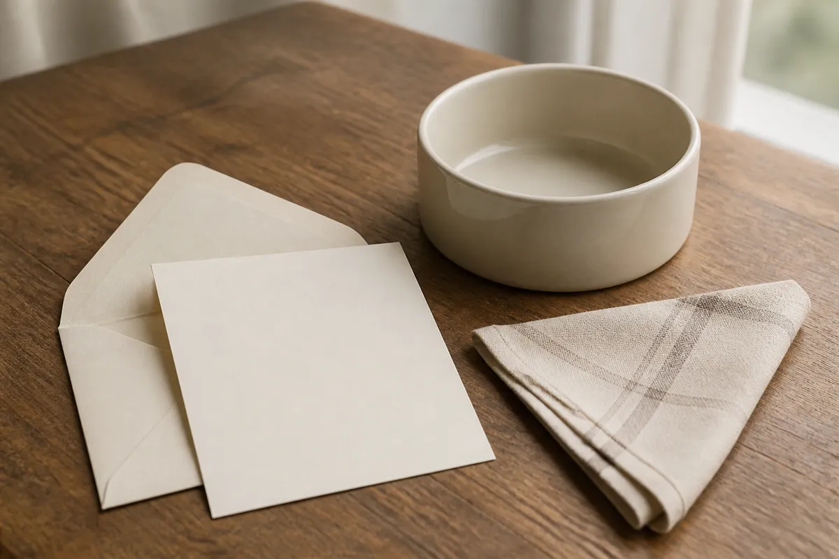 A plain cream card in an open envelope resting beside an empty food bowl and a folded bandana on a wooden table, gentle muted light