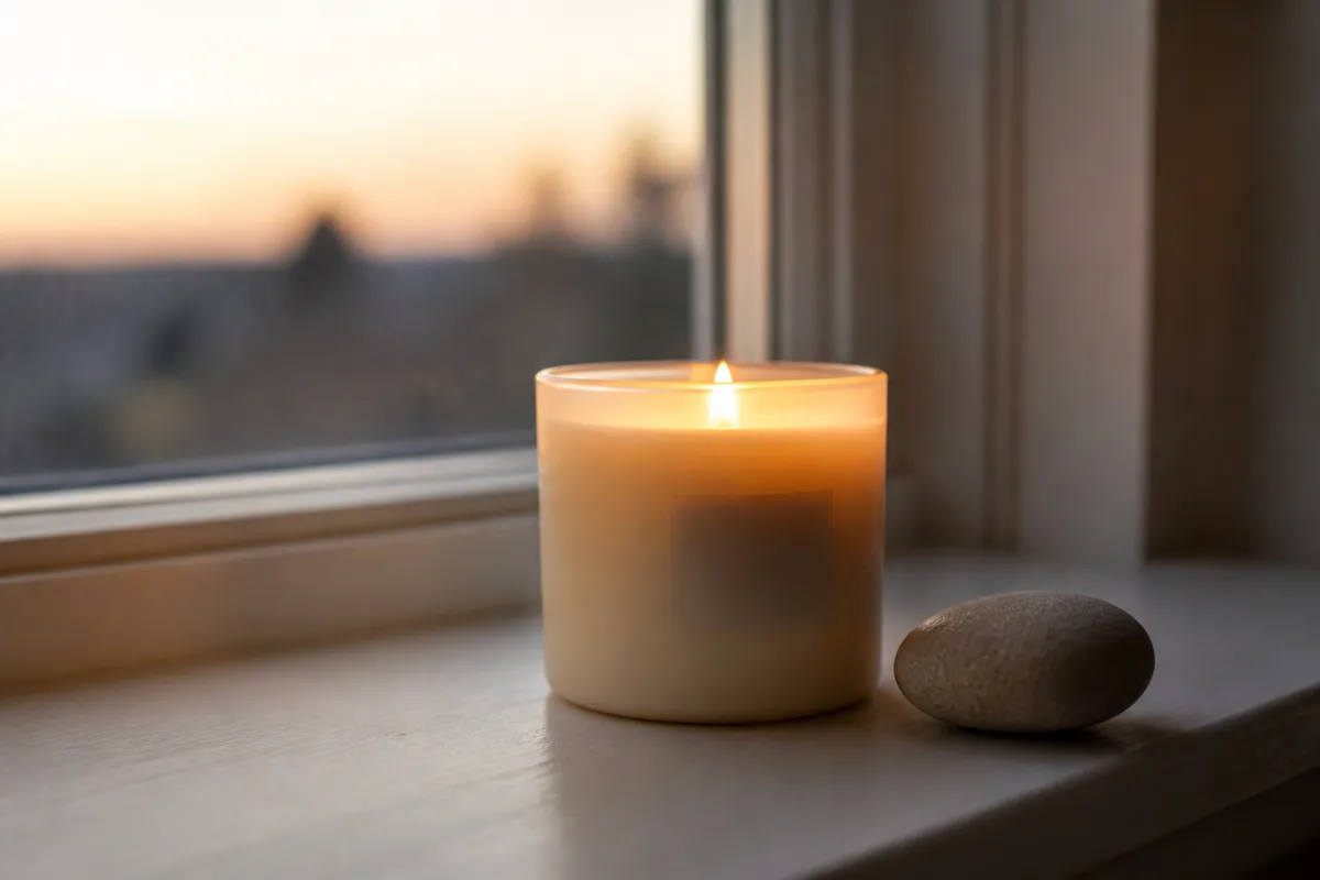 A small lit cream candle with a tiny label softly out of focus on a windowsill at dusk, a smooth pebble beside it, quiet warm glow