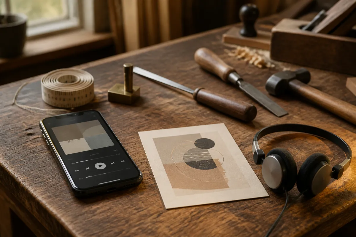 A smartphone playing music on a wooden workshop bench beside a printed cream song card and small headphones, a coiled tape measure and worn 