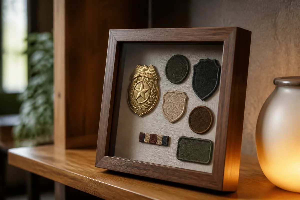 A wooden shadow box on a den shelf holding a badge, patches and folded ribbon, the contents at an angle and softly out of focus