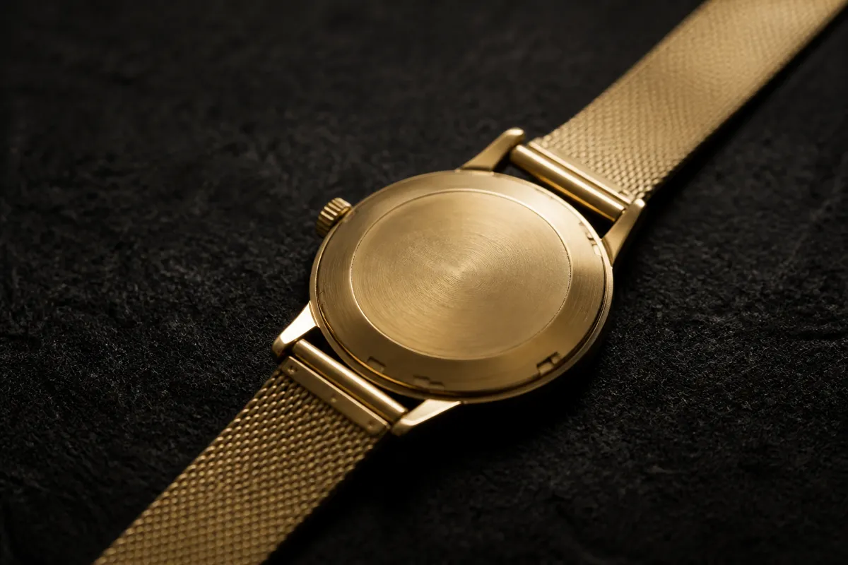 A gold dress watch lying face down on dark felt, its small caseback engraving softly out of focus, moody side light