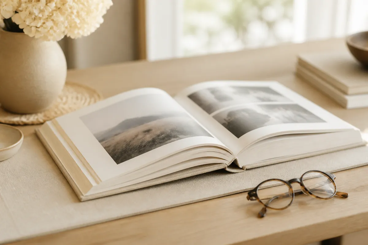A linen hardcover book lying open at an angle with its photo pages softly out of focus, on a desk beside reading glasses