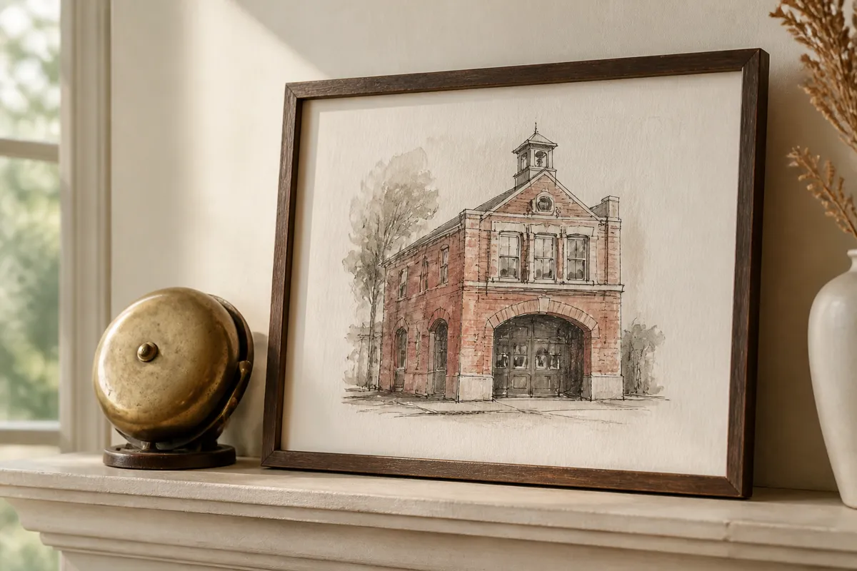 A framed ink-and-wash drawing of a brick firehouse propped on a mantel beside an old brass bell, afternoon light