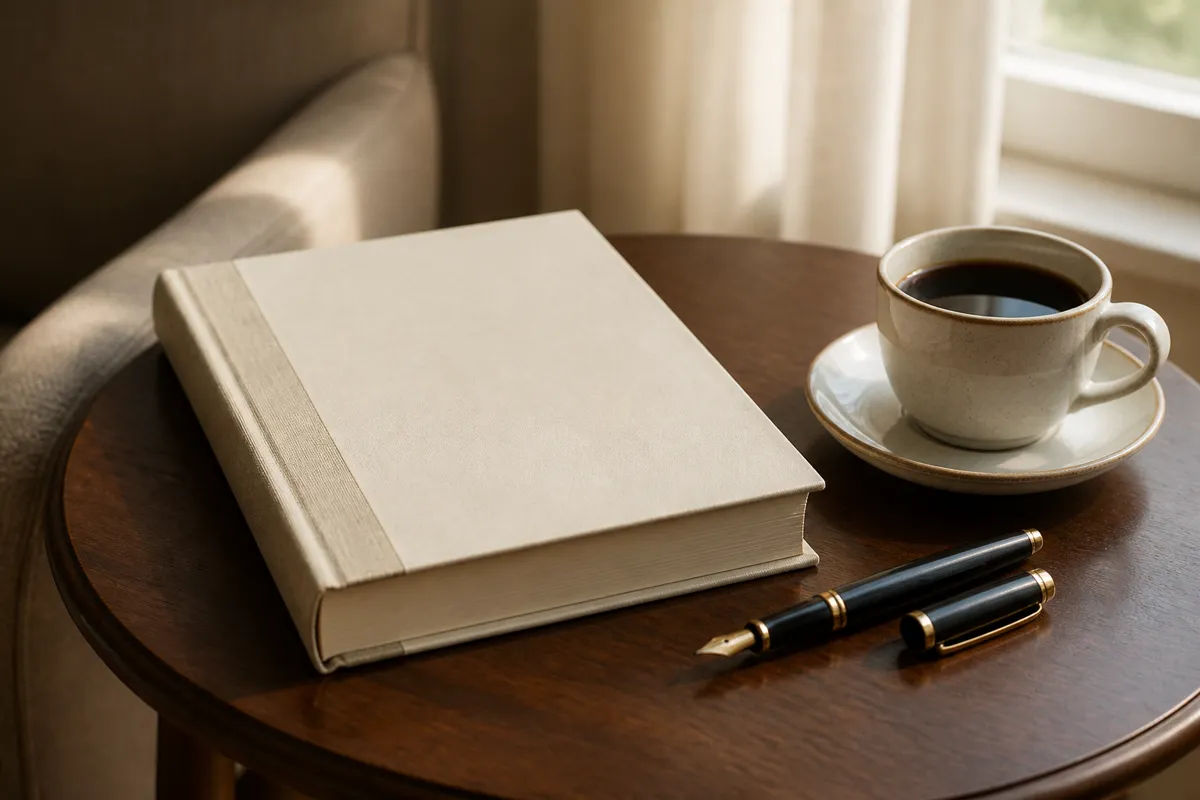A hardcover book with a plain cloth spine on a side table beside a fountain pen and a cup of black coffee