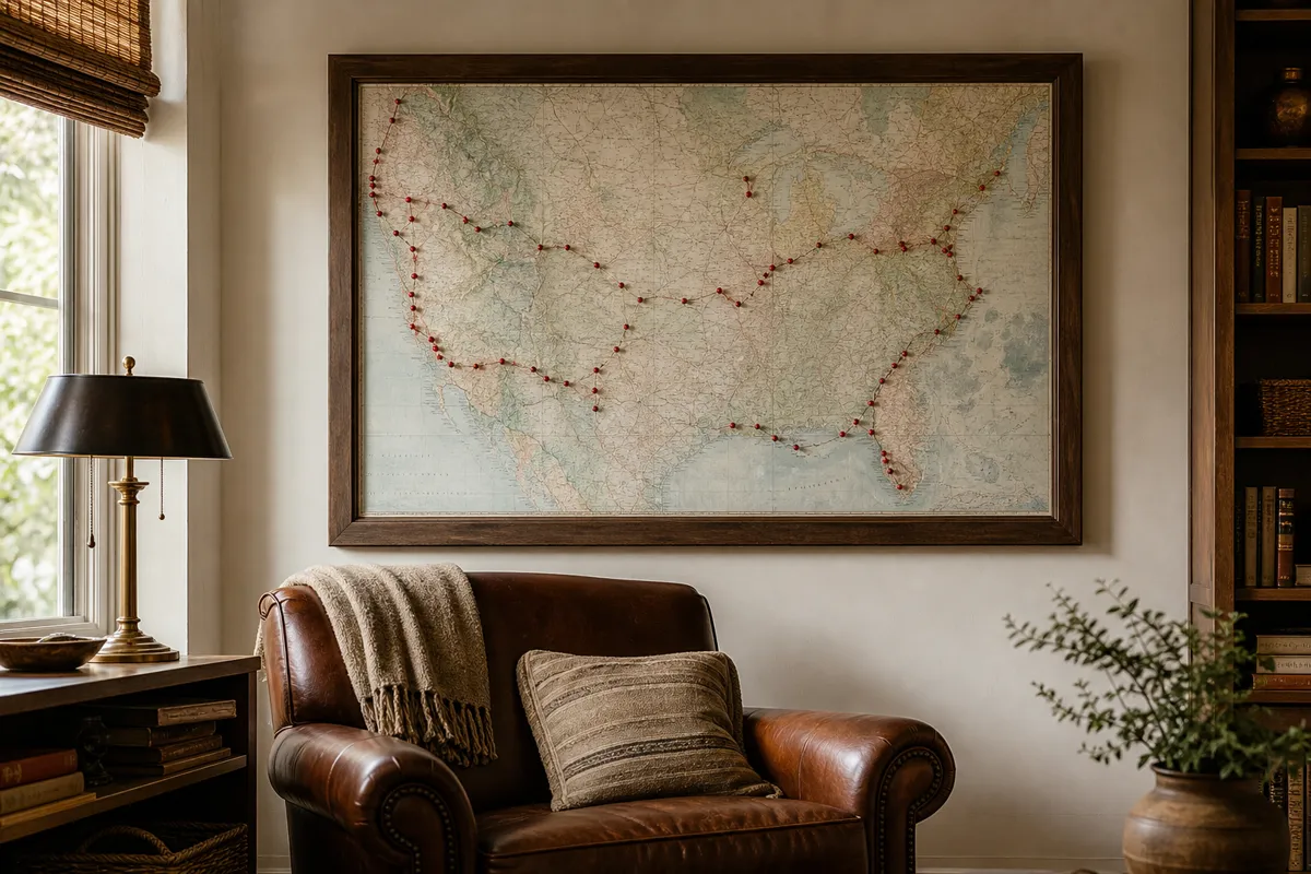 A framed map with a scatter of small red pins tracing long routes, hanging above a leather armchair