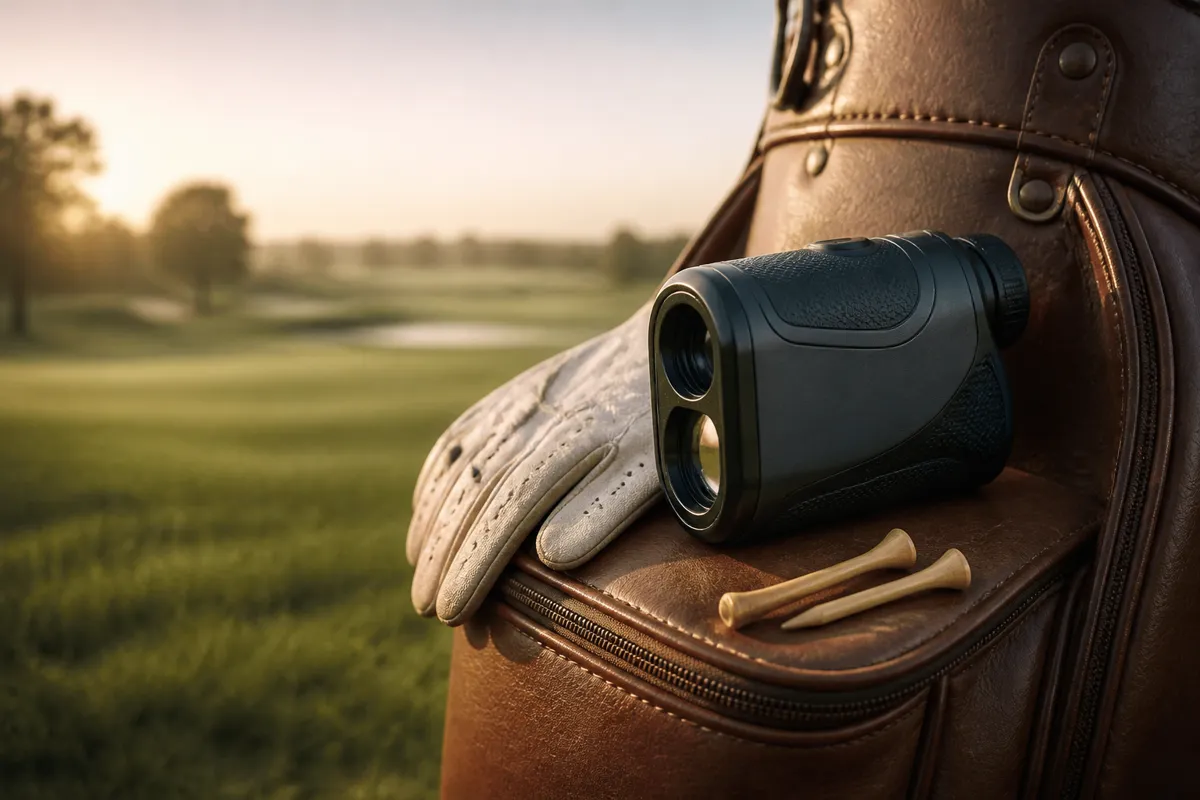 A compact golf rangefinder resting on the pocket of a leather golf bag beside a glove and two tees, early morning course softly out of focus