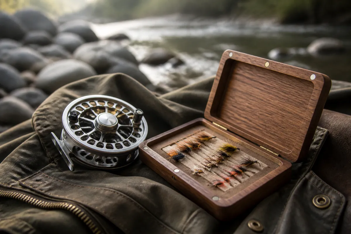 A new fly reel and a small wooden box of colorful tied flies resting on a waxed canvas jacket, riverbank light softly out of focus behind