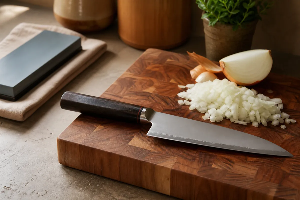 A chef's knife on an end-grain cutting board beside chopped onions and a whetstone