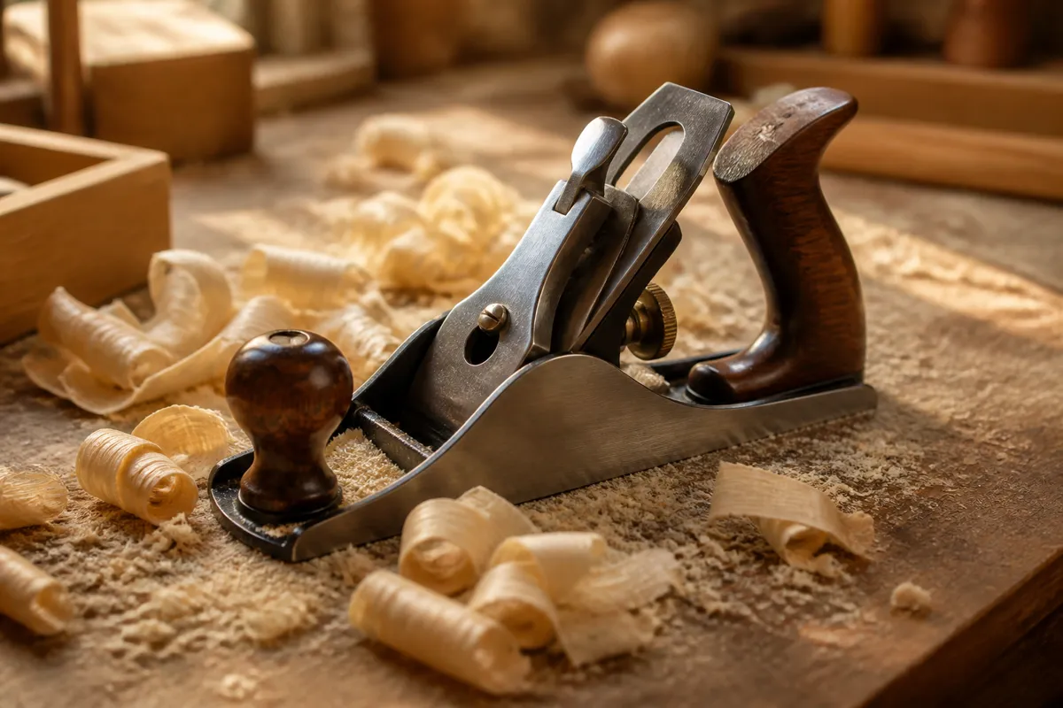 A polished hand plane sitting on a workbench amid curls of pale wood shavings, sawdust catching warm window light