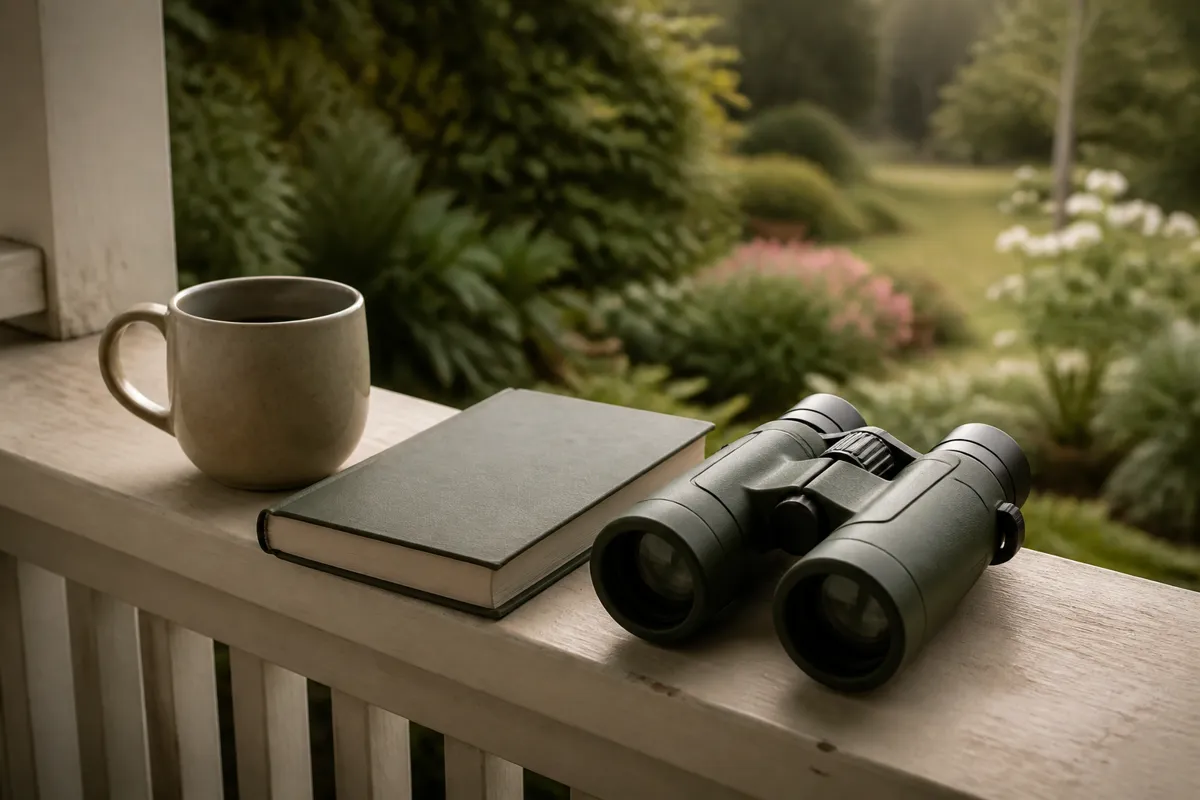 A pair of green rubber-armored binoculars on a porch railing beside a closed field guide and a mug, garden softly out of focus beyond