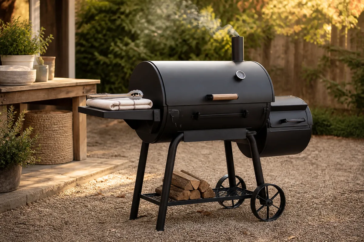 A black barrel smoker with a thin wisp of smoke in a backyard, tongs and a folded towel on its side shelf, late afternoon light