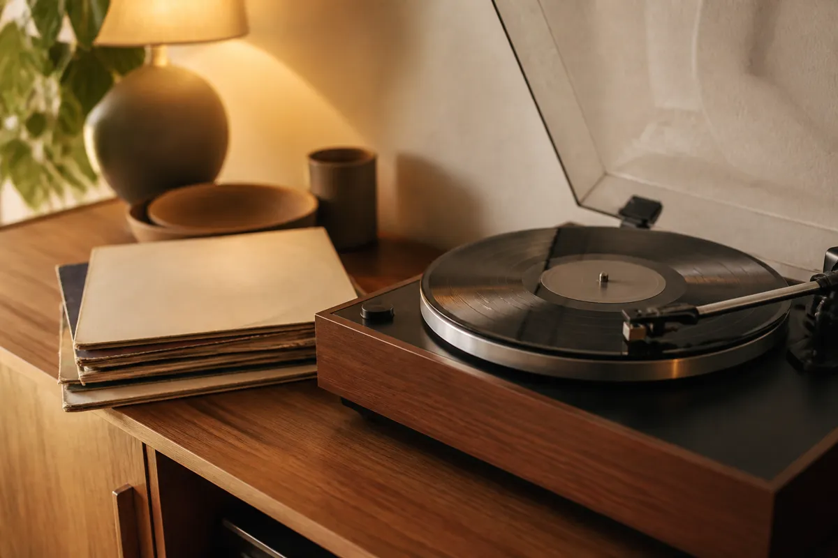 A turntable spinning a record beside a short stack of worn album sleeves on a wooden console