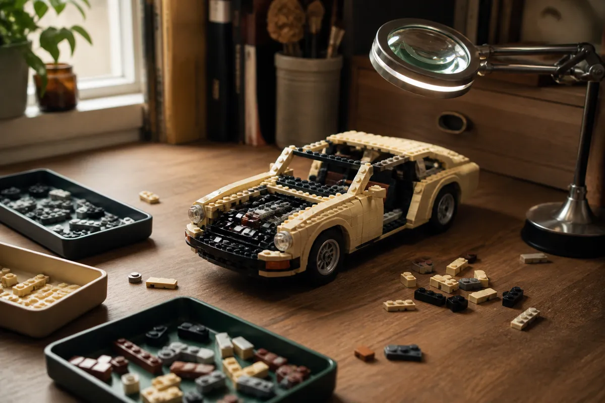 A partially assembled brick-built model car on a desk with sorted piece trays and a magnifier lamp, cozy light
