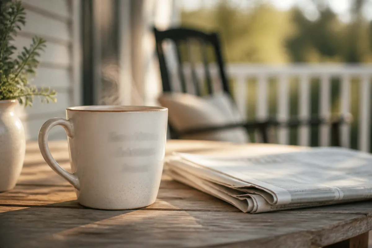 A ceramic mug with printed lettering turned at an angle and softly out of focus, steaming on a porch table beside a folded newspaper