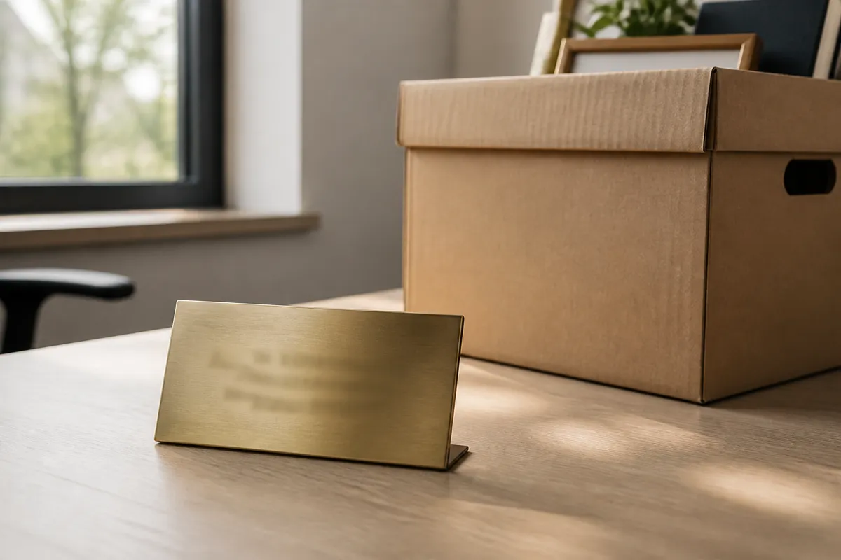 A small brass-look desk plaque with its engraving softly out of focus, standing on a cleared desk beside a packed cardboard box, office wind