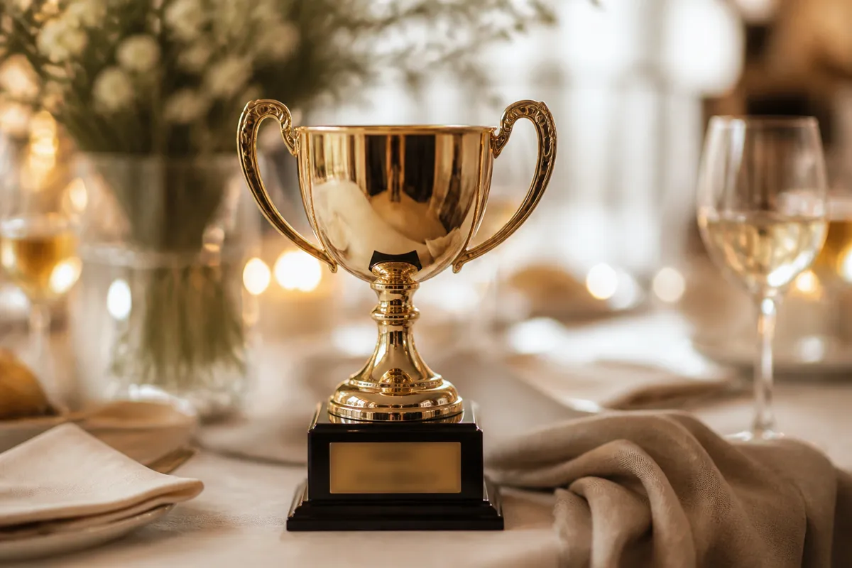 A gleaming gold trophy cup with its engraved plate softly out of focus, standing on a dinner table among party napkins