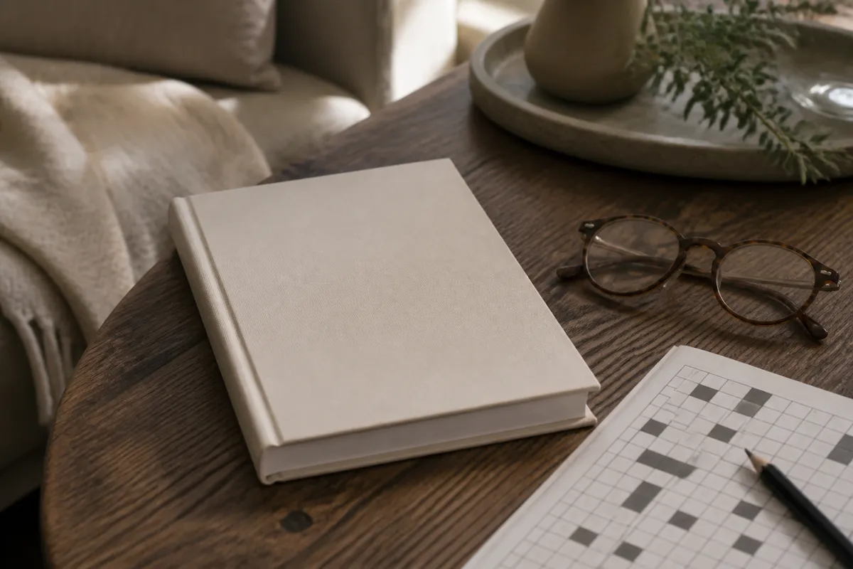 A small hardcover book lying closed at an angle on a coffee table beside reading glasses and a half-finished crossword, afternoon light